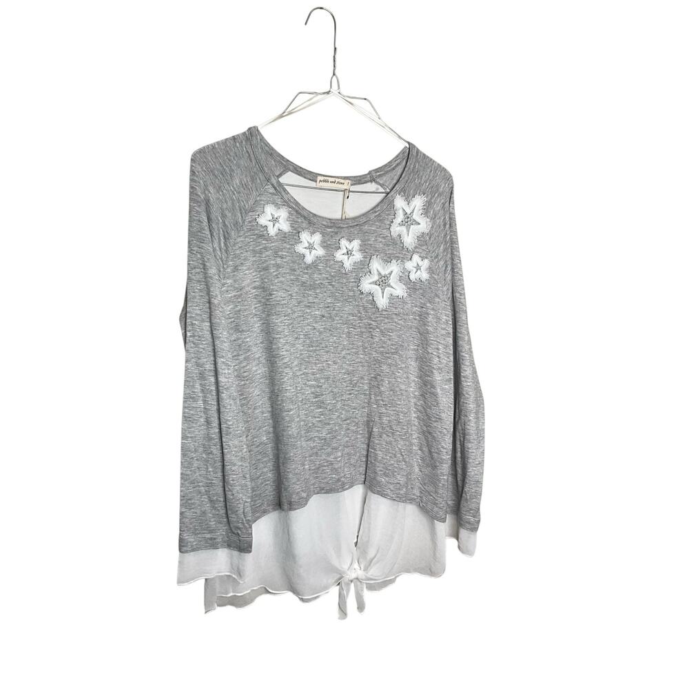 Pebble & Stone Tunic Top Star Beaded Long Sleeve Double Hem Gray Womens Sz L NWT